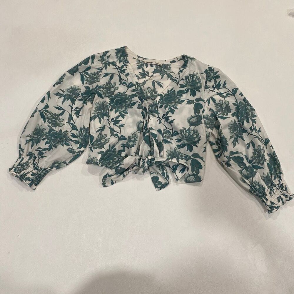 Abercrombie & Fitch Women’s Blouse Size L Green Floral Tie Front Puff Sleeve